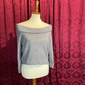 Gray off the shoulder cowl neck knit top